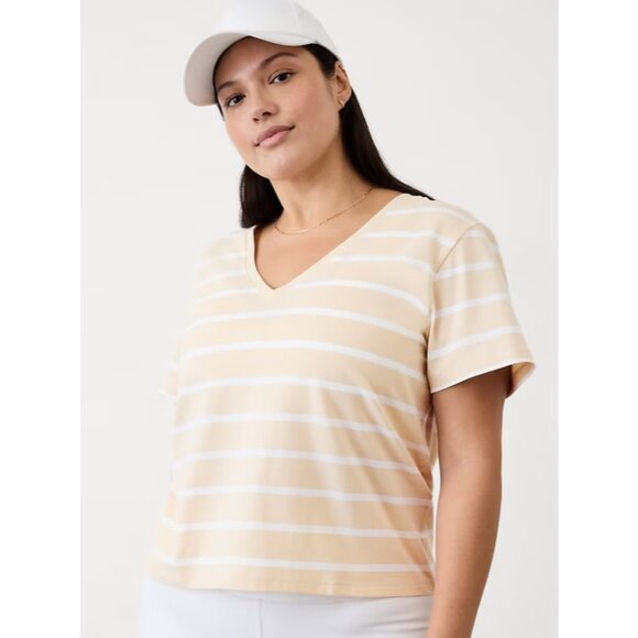 Athleta S Essential V Neck Tee Winona Dune Stripe Small - Picture 1 of 6